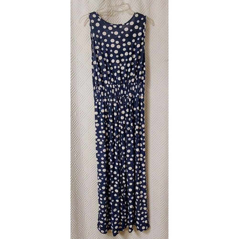 SJS Sleeveless Maxi Dress Size Large Polka Dots Blue White Elastic Waist - Picture 3 of 5
